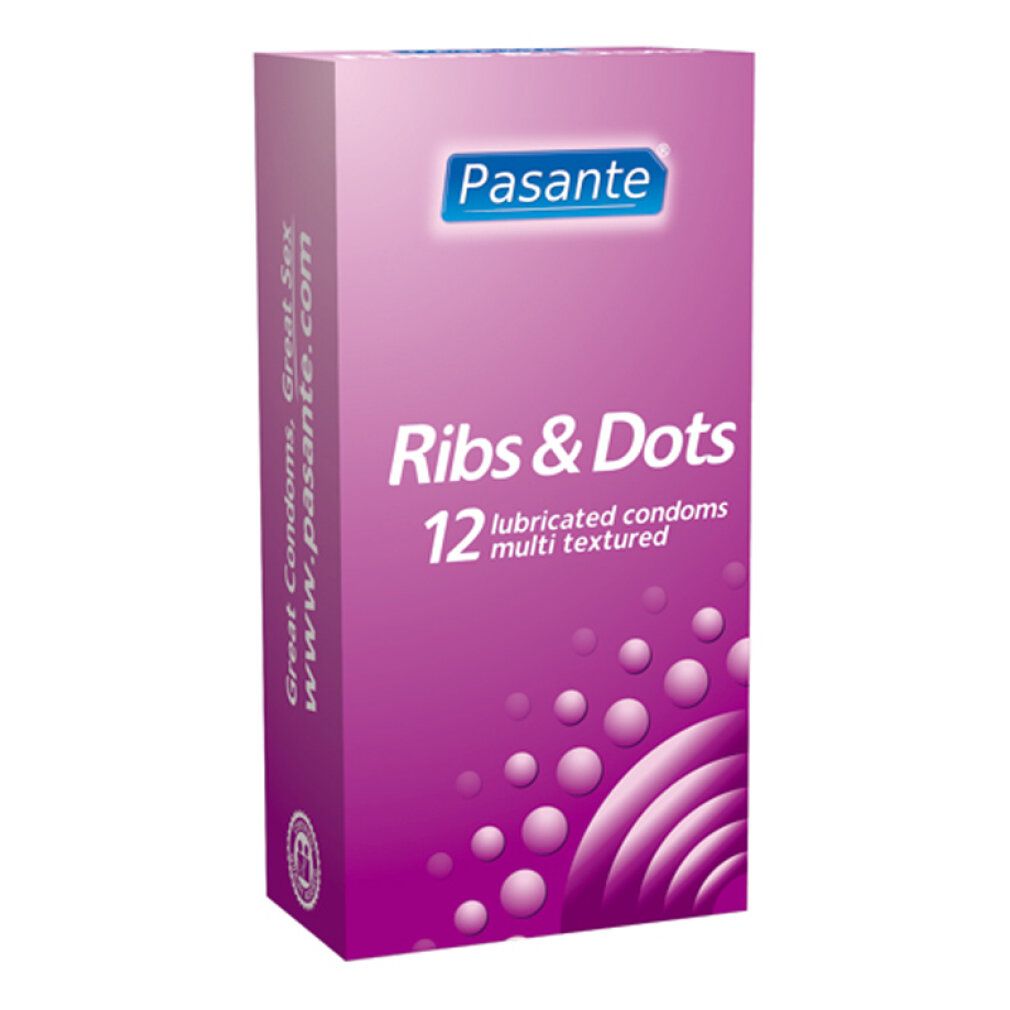 Pasante Ribs & Dots Packung. Enthält 12 multi-texturierte, befeuchtete Kondome.