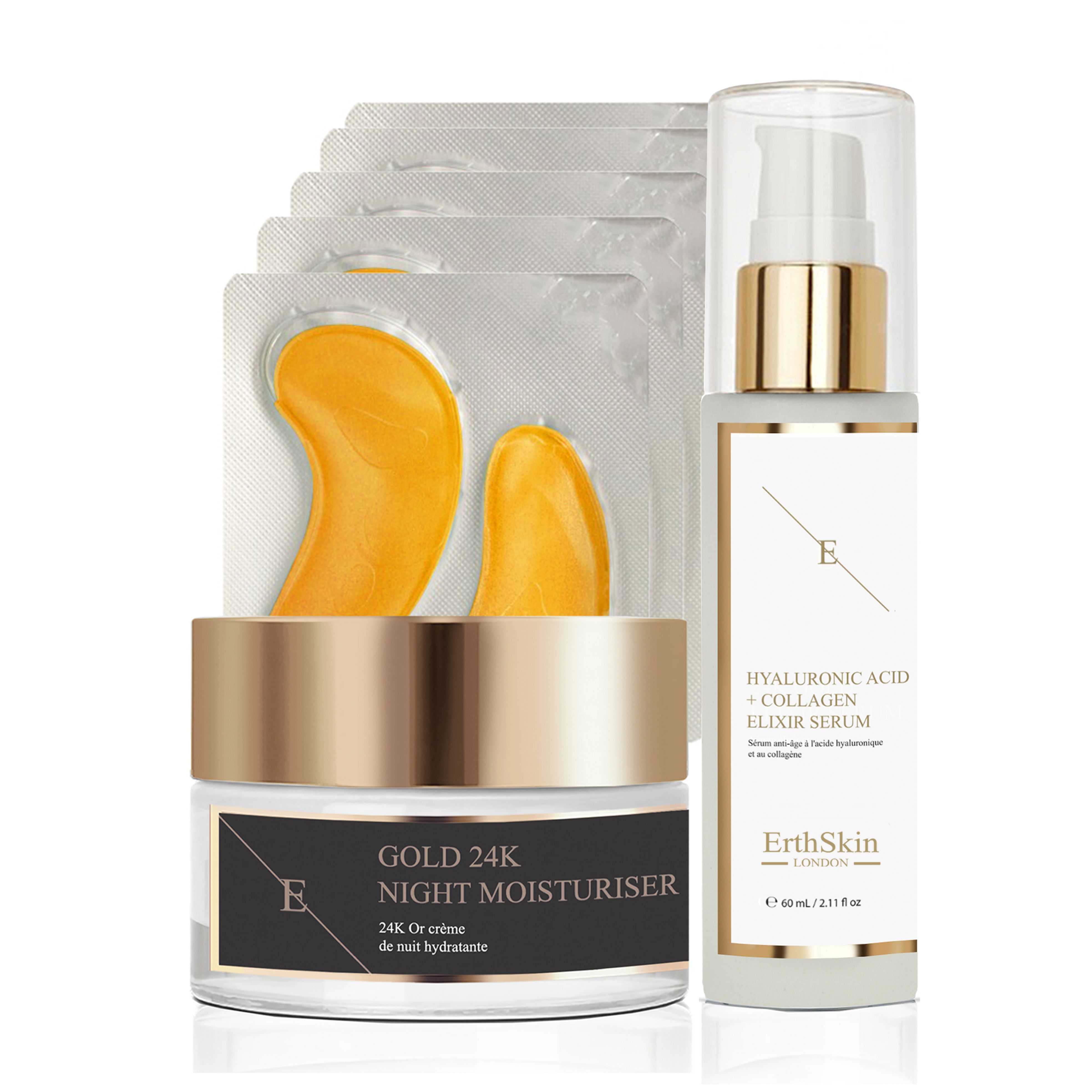 ErthSkin London Feuchtigkeitscreme für die Nacht + PADS Augenklappen + Hyaluron-Kollagen-Serum
