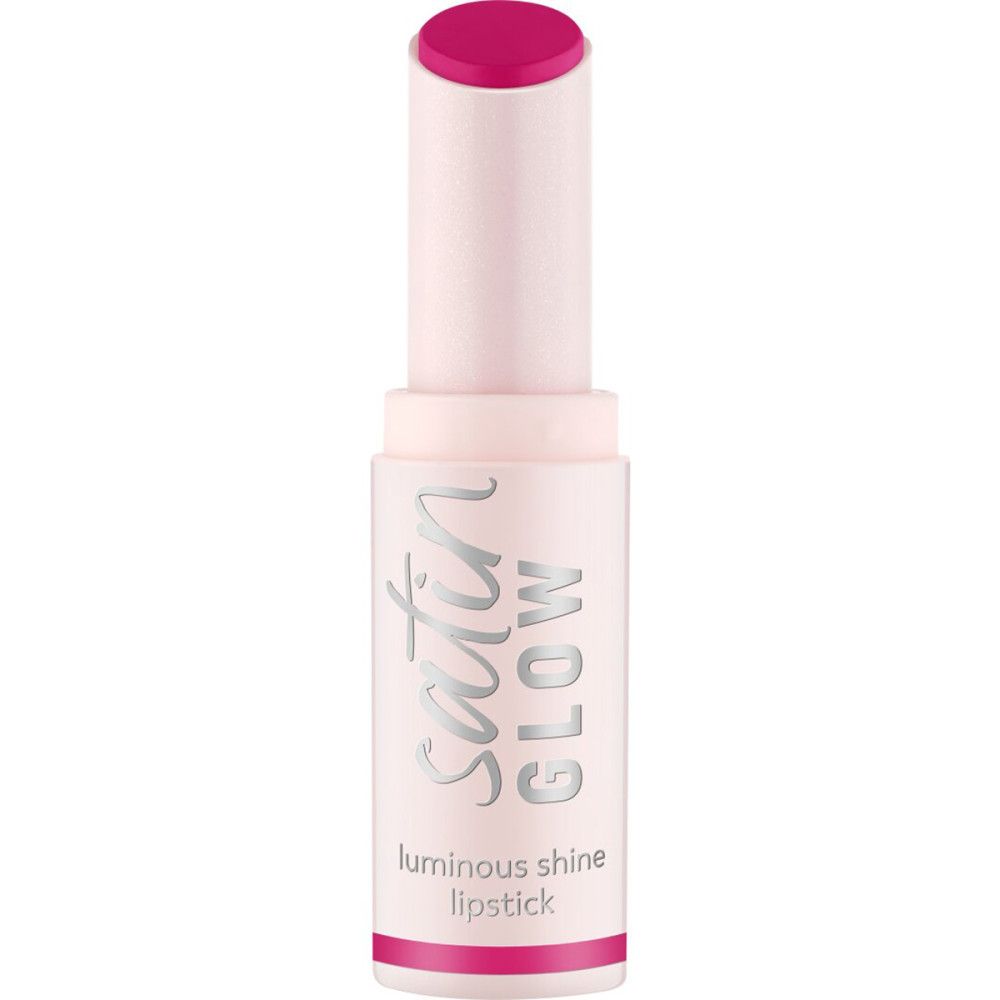 Lippenstift in rosa Hülse. Aufschrift: Satin Glow, luminous shine lipstick. Marke: essence. Lippenstift in pink.