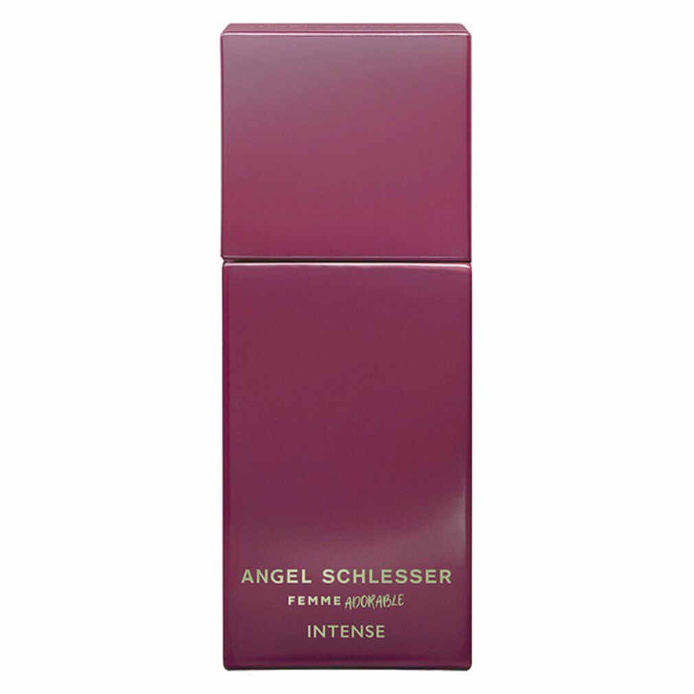 Dunkelroter Parfumflakon mit rechteckiger Form. Aufschrift: Angel Schlesser Femme Adorable Intense.