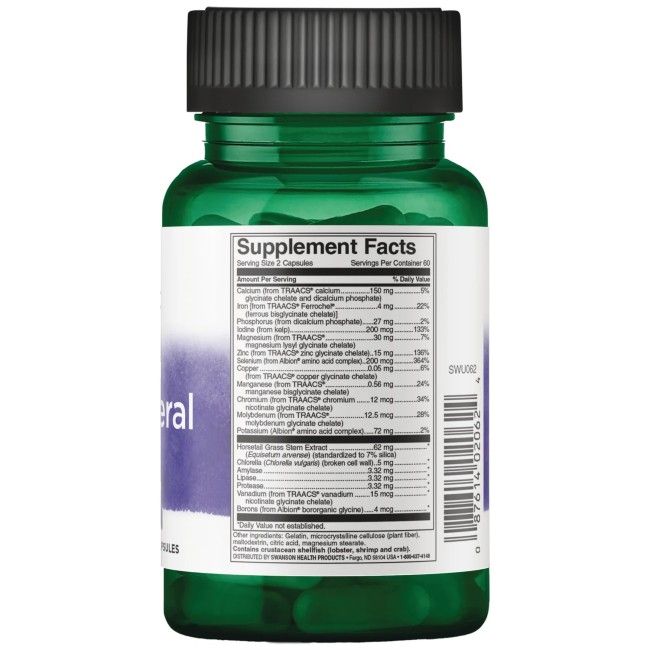 Rückseite der grünen Flasche SWANSON Albion Multi-Mineral mit Eisen. Enthält Nährwertangaben und Inhaltsstoffe.