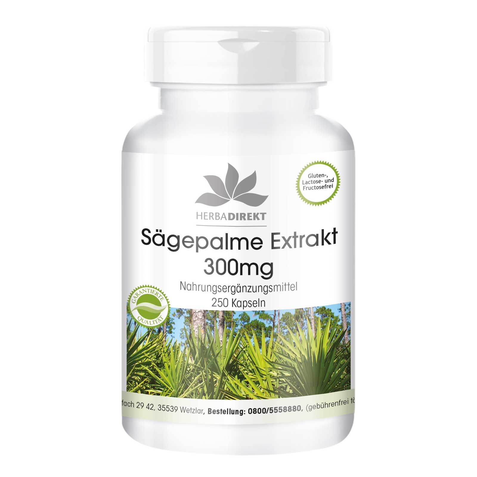 Weißes Pillenbehälter mit Etikett. Aufschrift: Sägepalme Extrakt 300mg, 250 Kapseln. Logo: Herbadirekt. Gluten-, Laktose- und fruchtfrei.