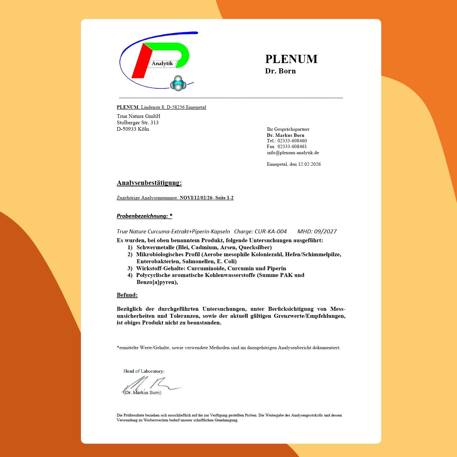 Zertifizierungsdokument von Plenum Dr. Born. Text: Analysebestätigung, Probenbezeichnung, Analyseergebnisse. Logo: Plenum.