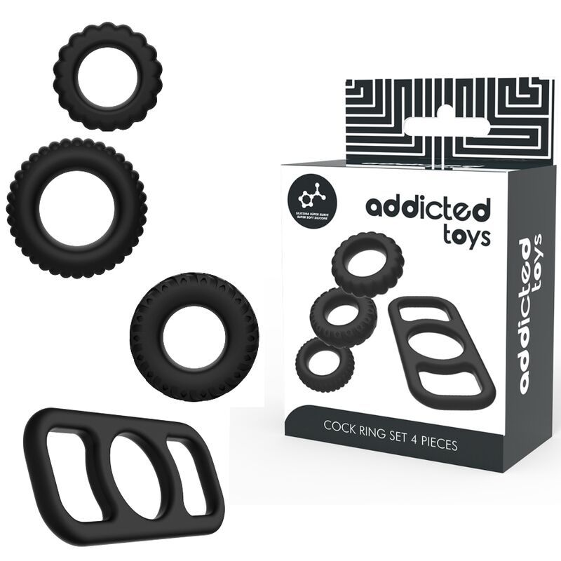 Verpackung mit vier schwarzen Penisringen aus Silikon. Marke Addicted Toys. Enthält Ringe mit verschiedenen Designs.