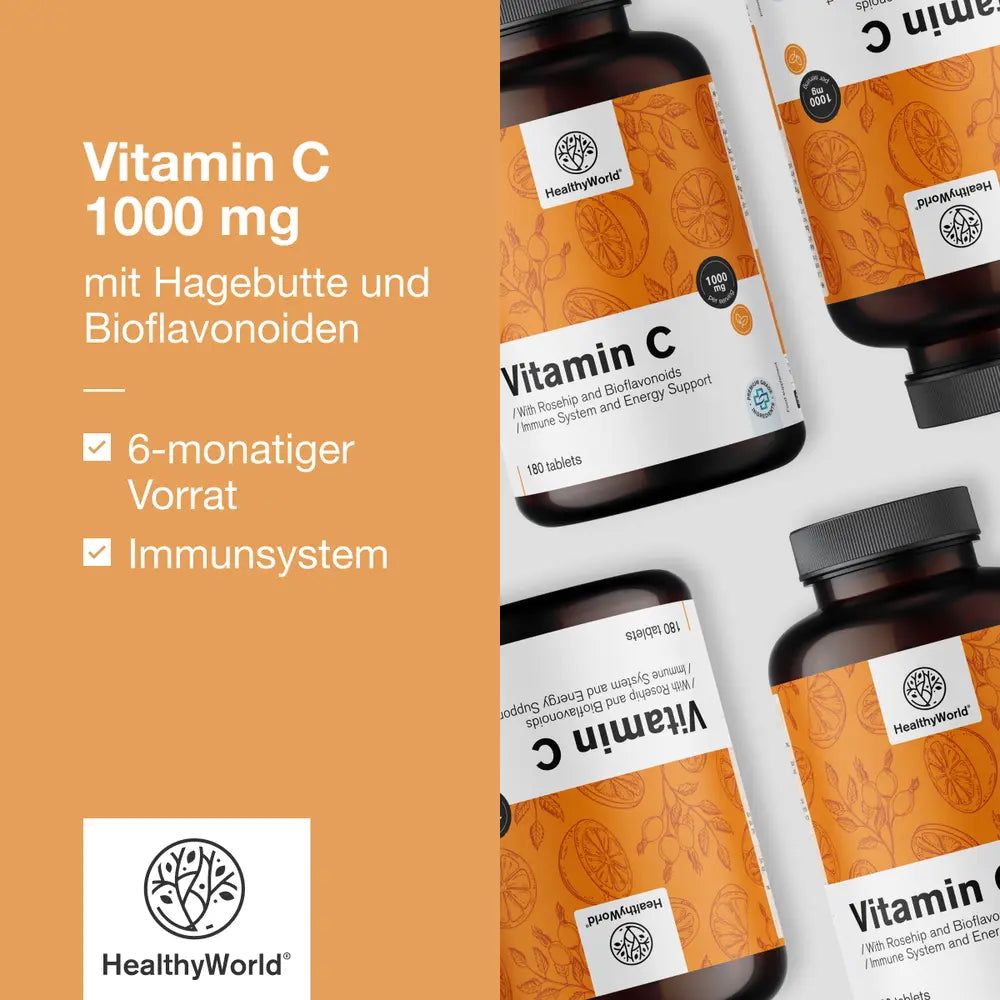 Mehrere Flaschen Vitamin C. Aufschrift: HealthyWorld, Vitamin C 1000 mg. Text: 6-monatiger Vorrat, Immunsystem. Logo HealthyWorld.
