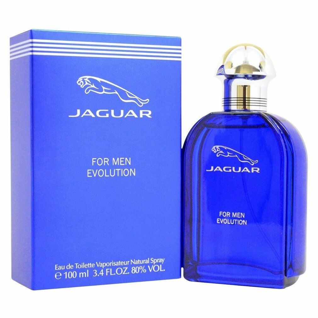 Blaues Eau de Toilette-Spray mit goldfarbenem Deckel und blauer Verpackung. Aufschrift: Jaguar, For Men Evolution.