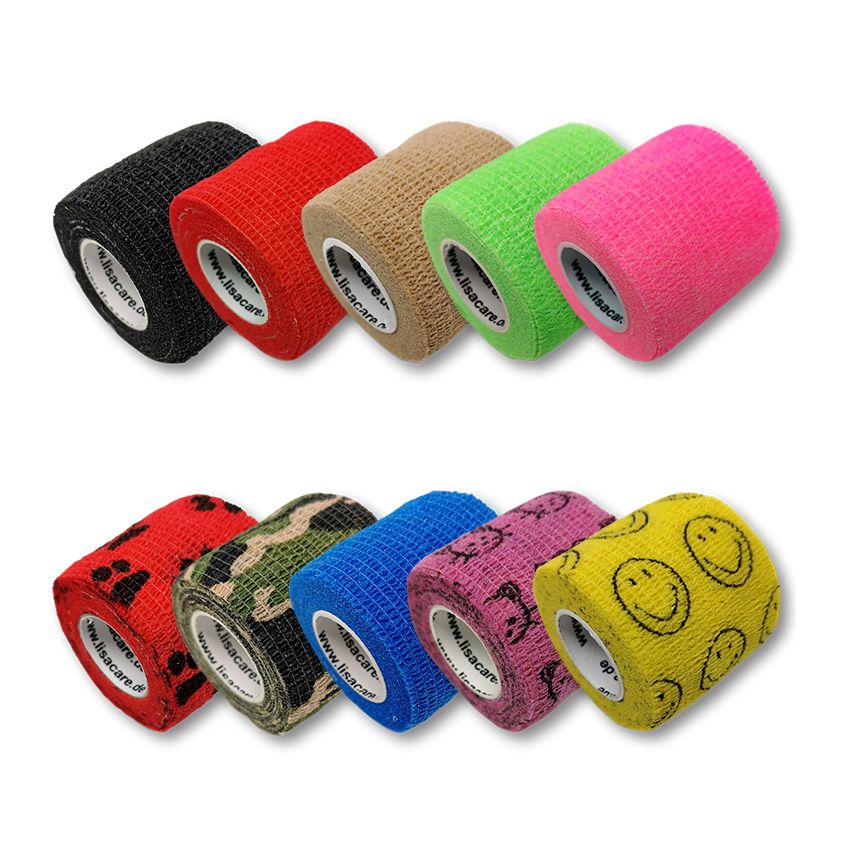 Verschiedenfarbige selbsthaftende Bandagen. Farben: Schwarz, Rot, Beige, Grün, Pink, Pfotenmuster, Camouflage, Blau, Muster, Gelb mit Smileys.