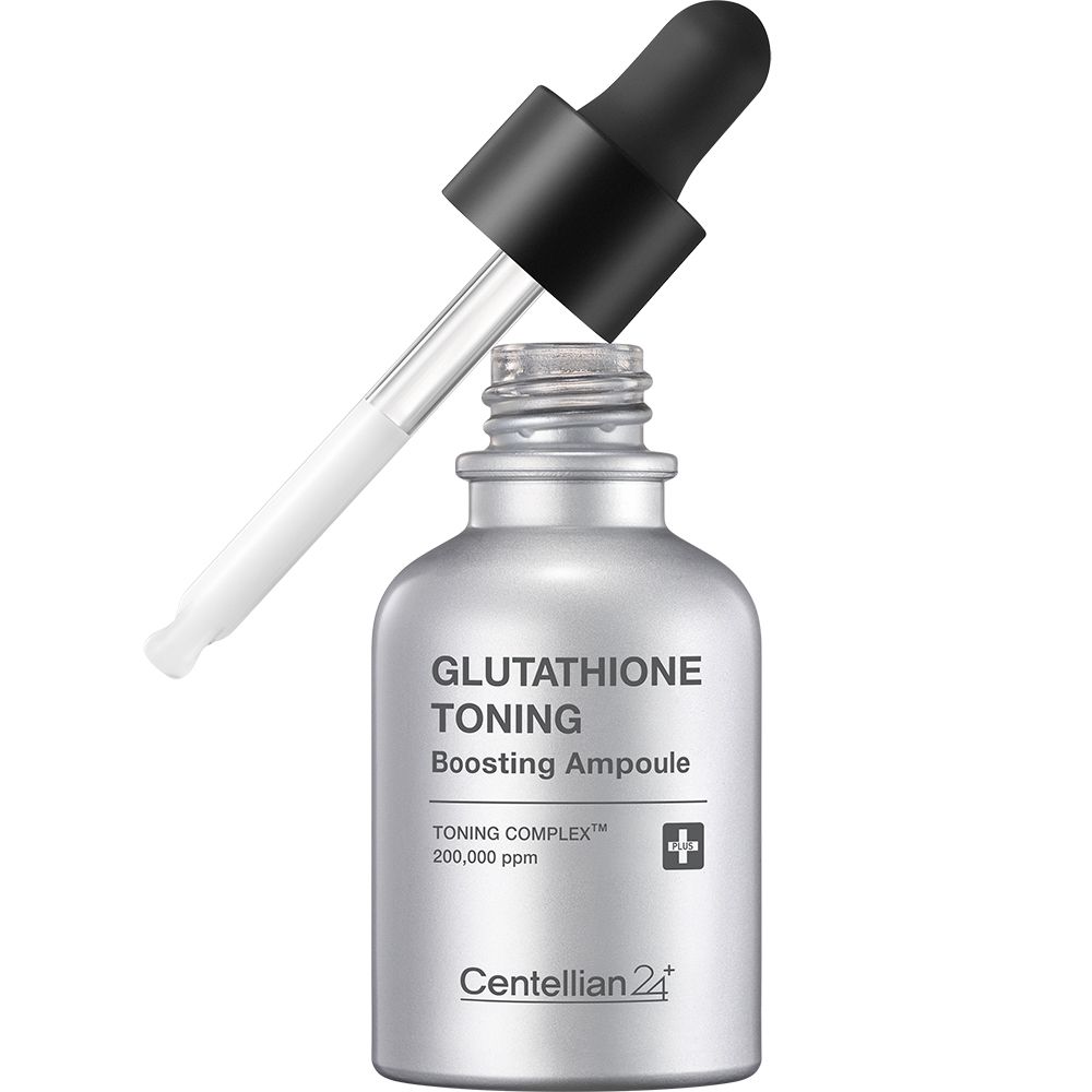 Silberne Flasche mit Pipettenaufsatz, beschriftet mit 'Glutathione Toning Boosting Ampoule'.