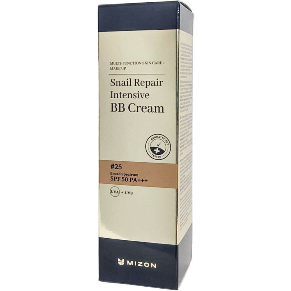 Verpackung MIZON Snail Repair BB Cream Nr. 25. Schwarze Schachtel mit goldfarbenen Akzenten. Text: SPF 50 PA+++, dermatologisch getestet.