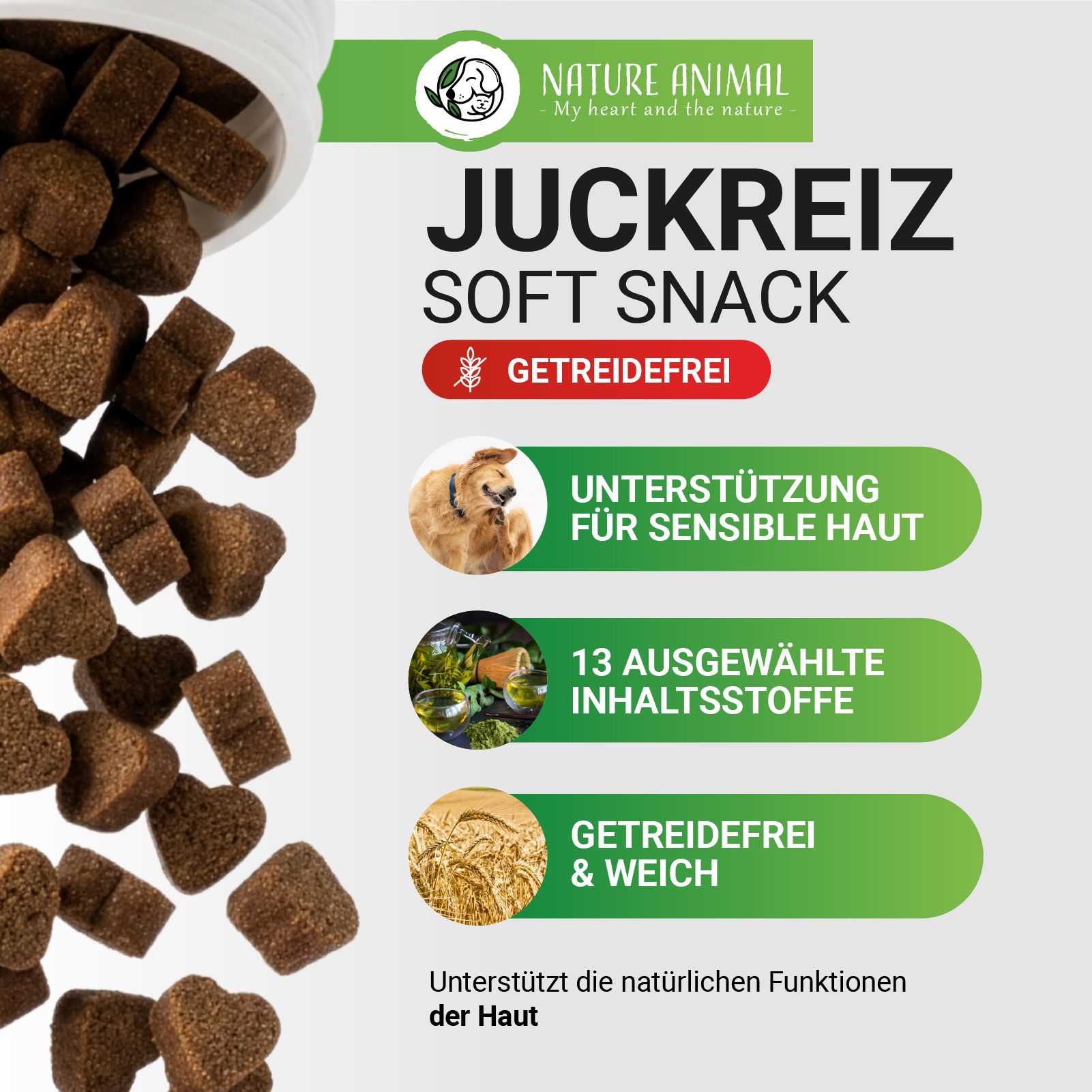 Getreidefreier Soft Snack für Hunde zur Unterstützung sensibler Haut.