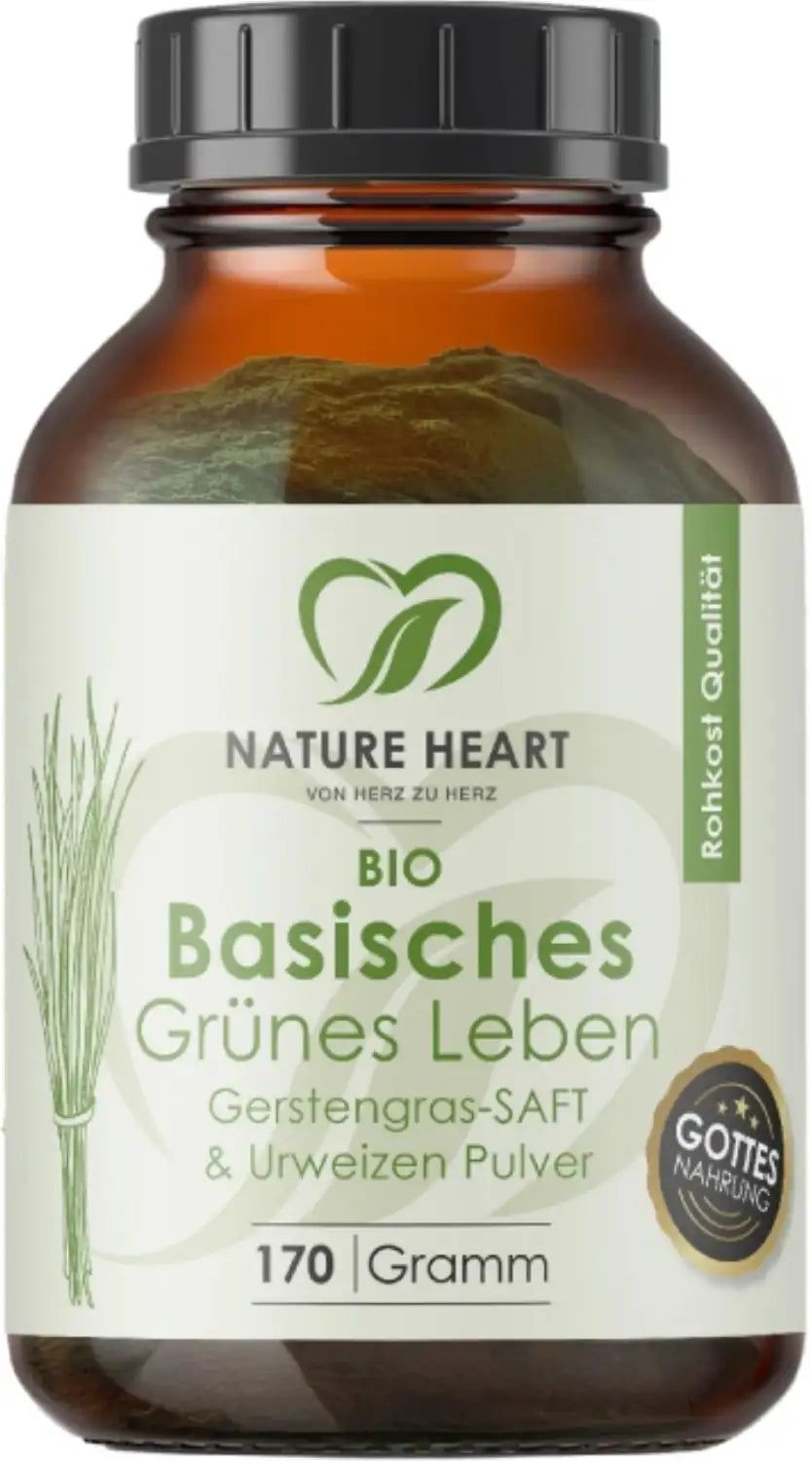 Braune Glasflasche mit grünem Etikett: Nature Heart BIO Basisches Grünes Leben Gerstengras-Saft & Urweizen Pulver, 170 Gramm.