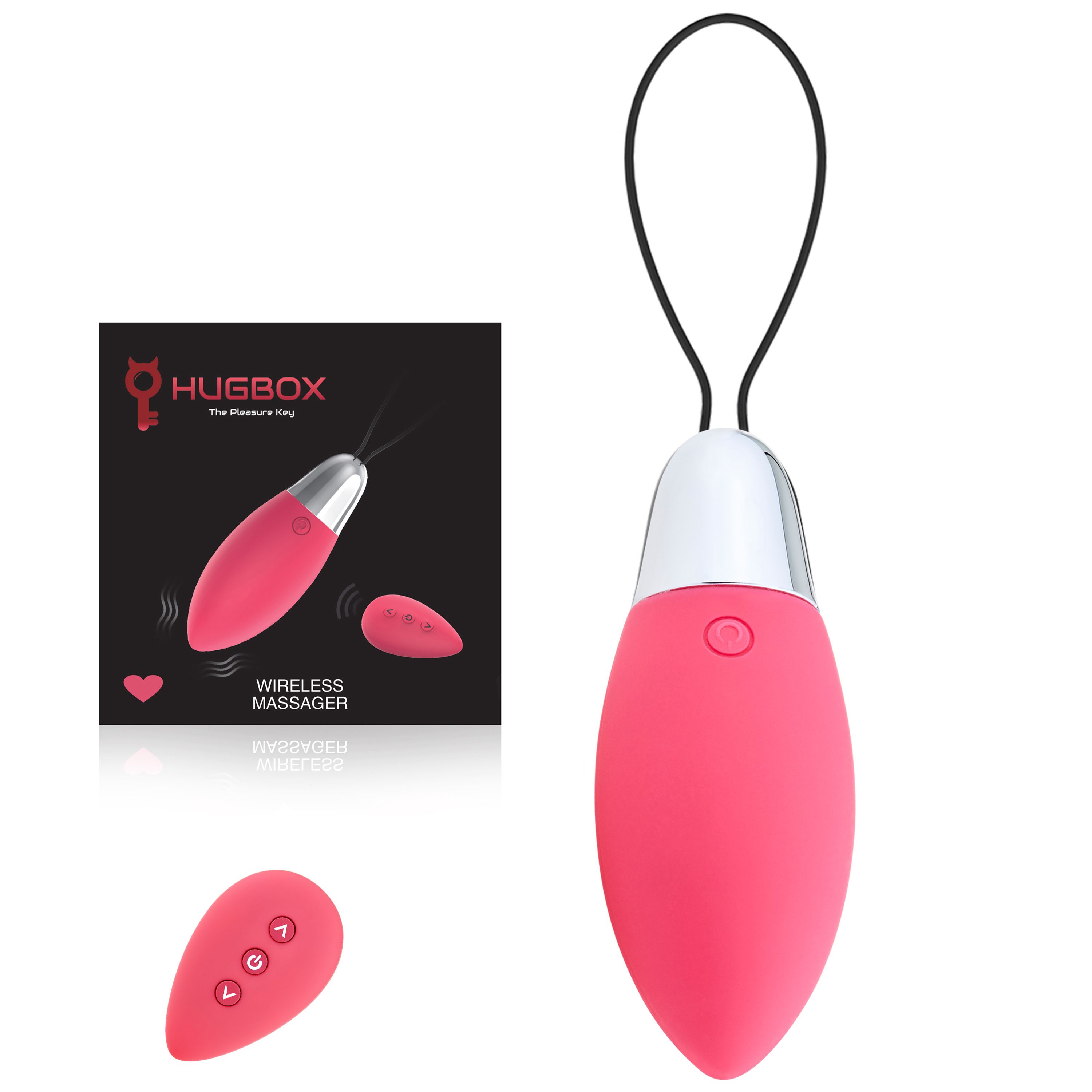 Rosa Vibrator mit schwarzer Schlaufe, silbernem Kopf und Fernbedienung. Verpackung mit Logo 'HUGBOX'.
