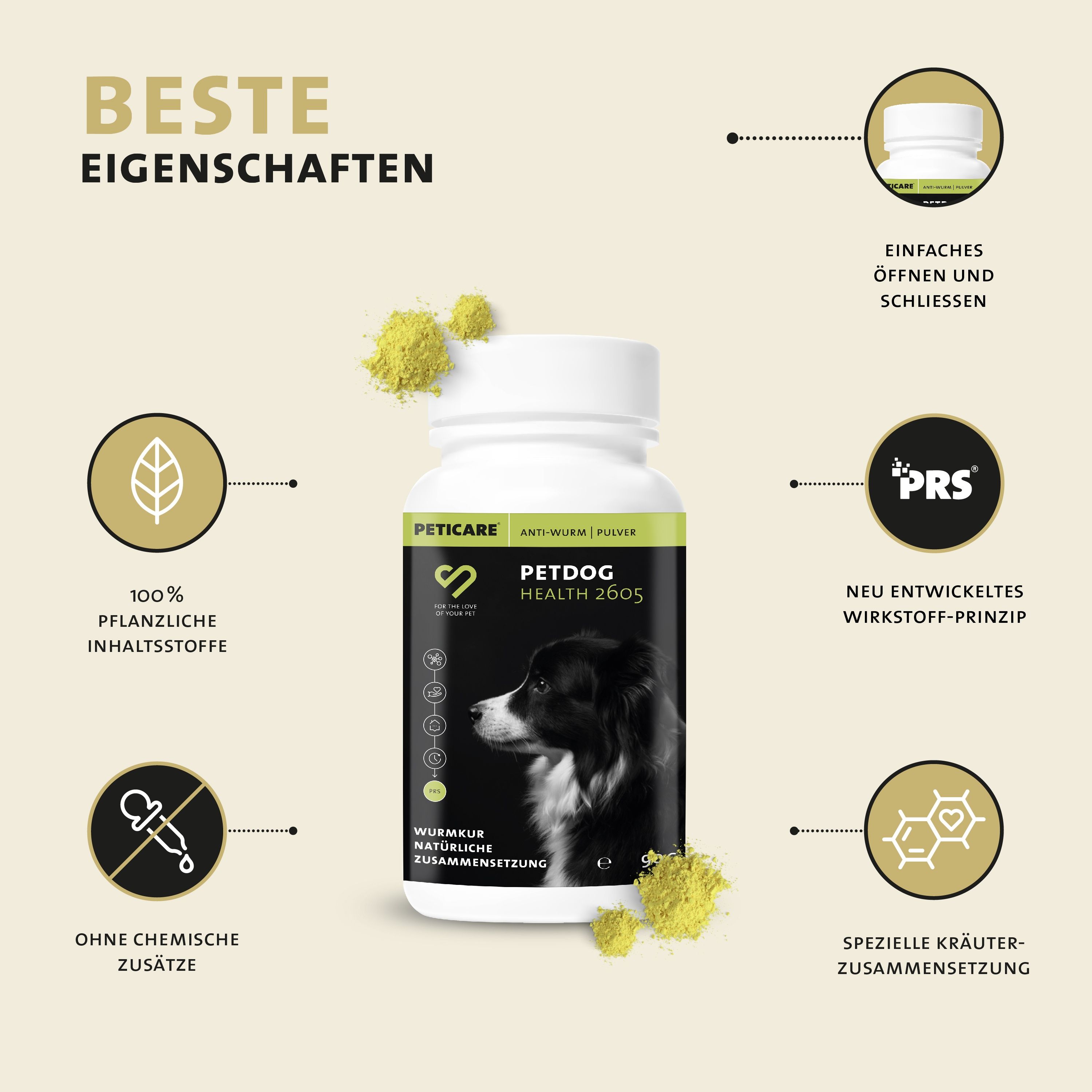Peticare Wurm-Mix Pulver Flasche. Text: Beste Eigenschaften. 100% pflanzliche Inhaltsstoffe. Ohne chemische Zusätze.