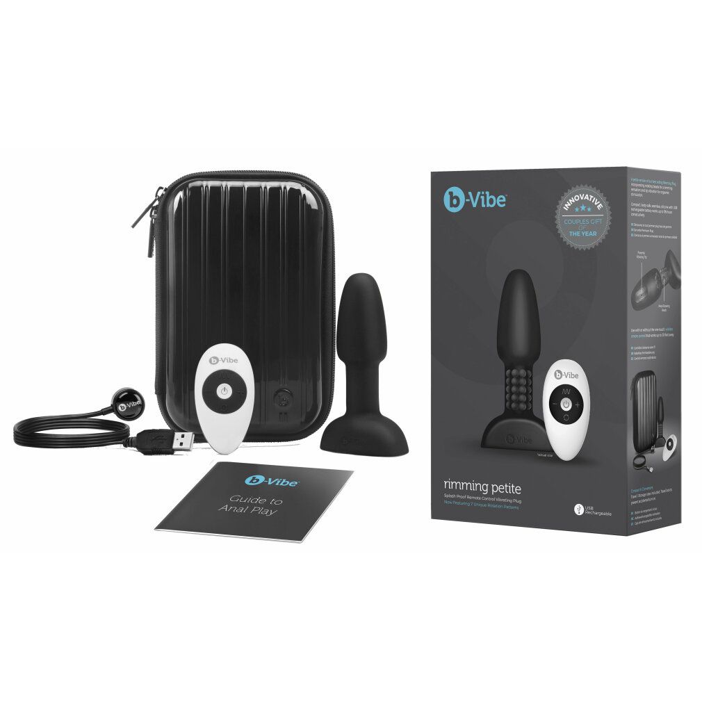 Set mit Analplug, Fernbedienung, Ladekabel und Etui. B-vibe Logo und Produktname.