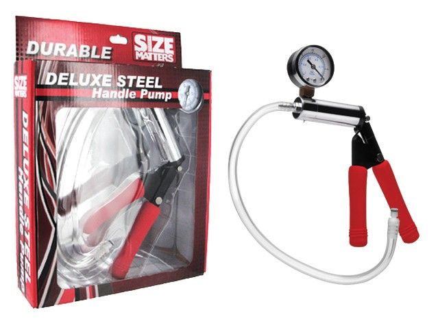 Handpumpe aus Stahl mit rotem Griff, Manometer und Schlauch. Verpackung mit Produktnamen: DELUXE STEEL Handle Pump.