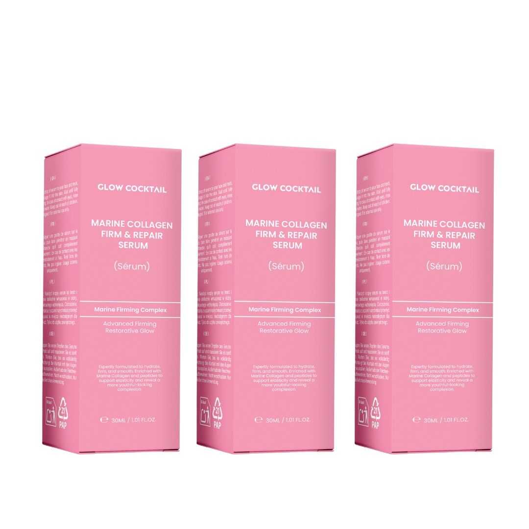 Drei rosa Kartons mit weißer Schrift. Produktname: Glow Cocktail Marine Collagen Firm & Repair Serum. Aufschrift: Sérum.