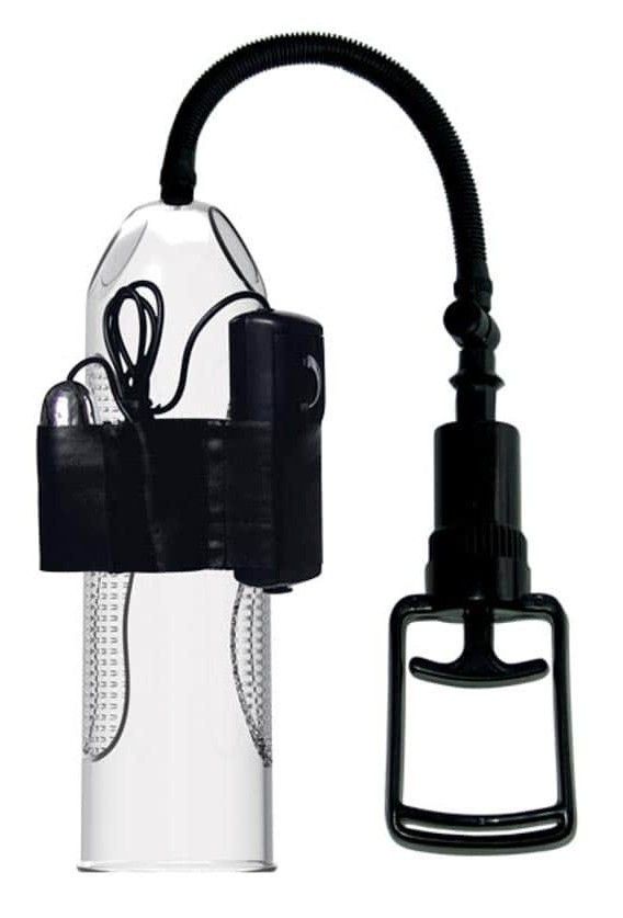 Transparenter Zylinder mit schwarzem Schlauch und Pumpe. Enthält Zubehör. Schwarzer Haltegurt.