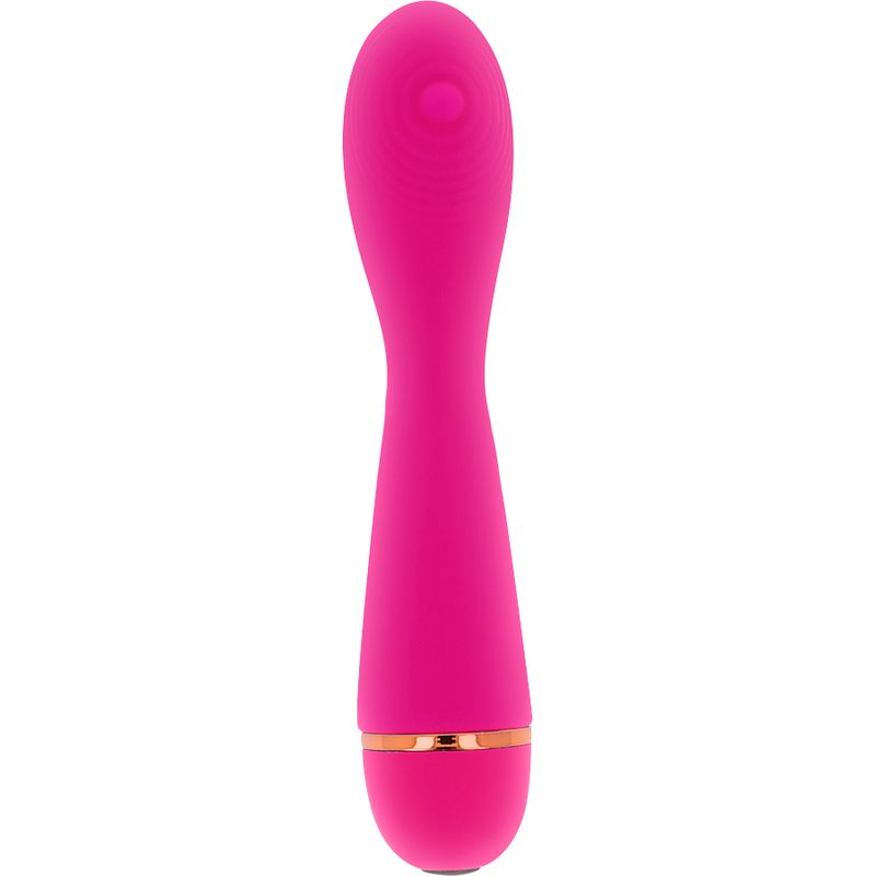 Pinkfarbener Vibrator mit abgerundeter Spitze und goldfarbenem Ring am unteren Ende. Glatte Oberfläche.