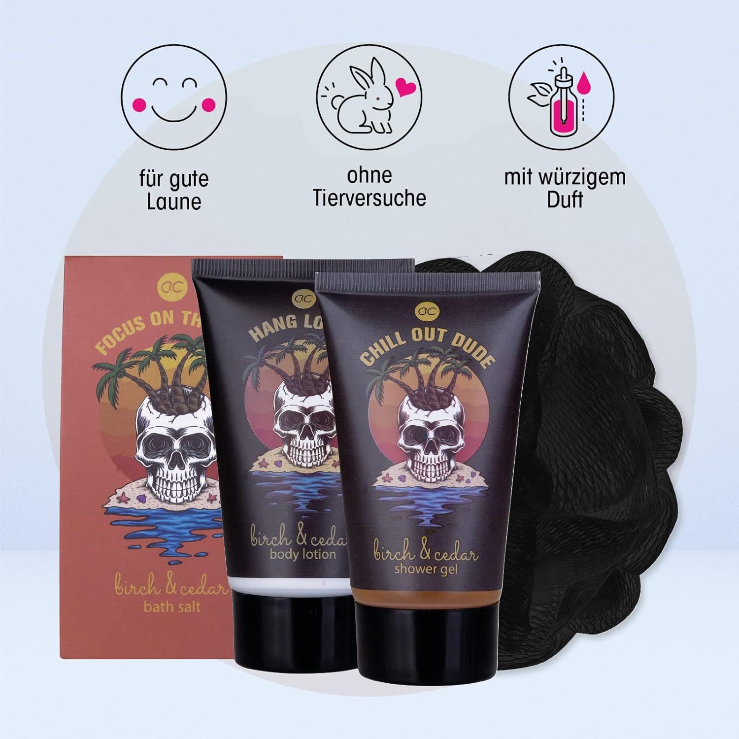 Set mit Duschgel, Bodylotion, Badesalz und Badeschwamm. Aufdruck: Totenkopf mit Palmen. Symbole: fröhliches Gesicht, Kaninchen, Duftnote.