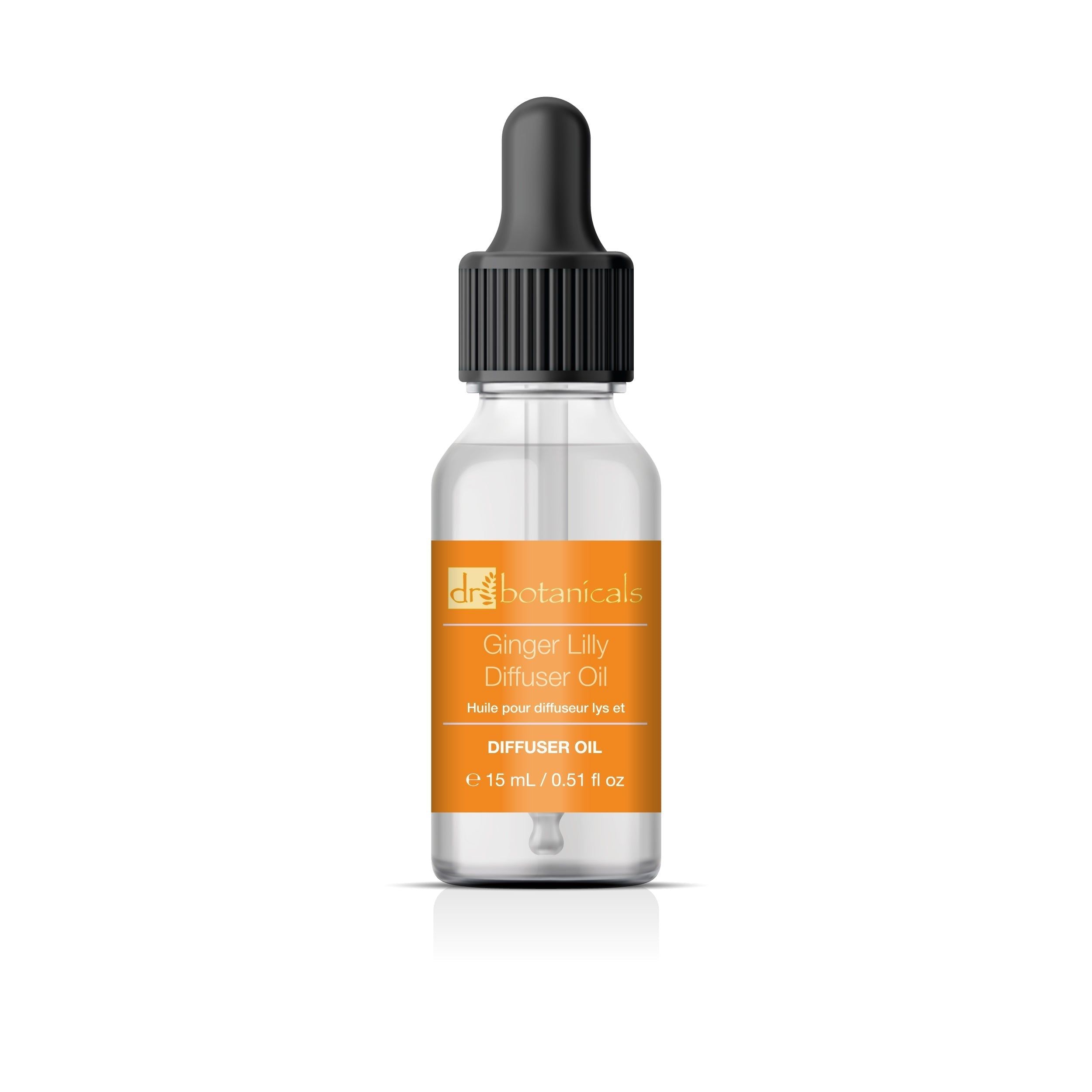 Klare Glasflasche mit schwarzem Tropfer. Etikett: Ginger Lily Diffuser Oil. Aufschrift: dr. botanicals. Volumen: 15 ml.