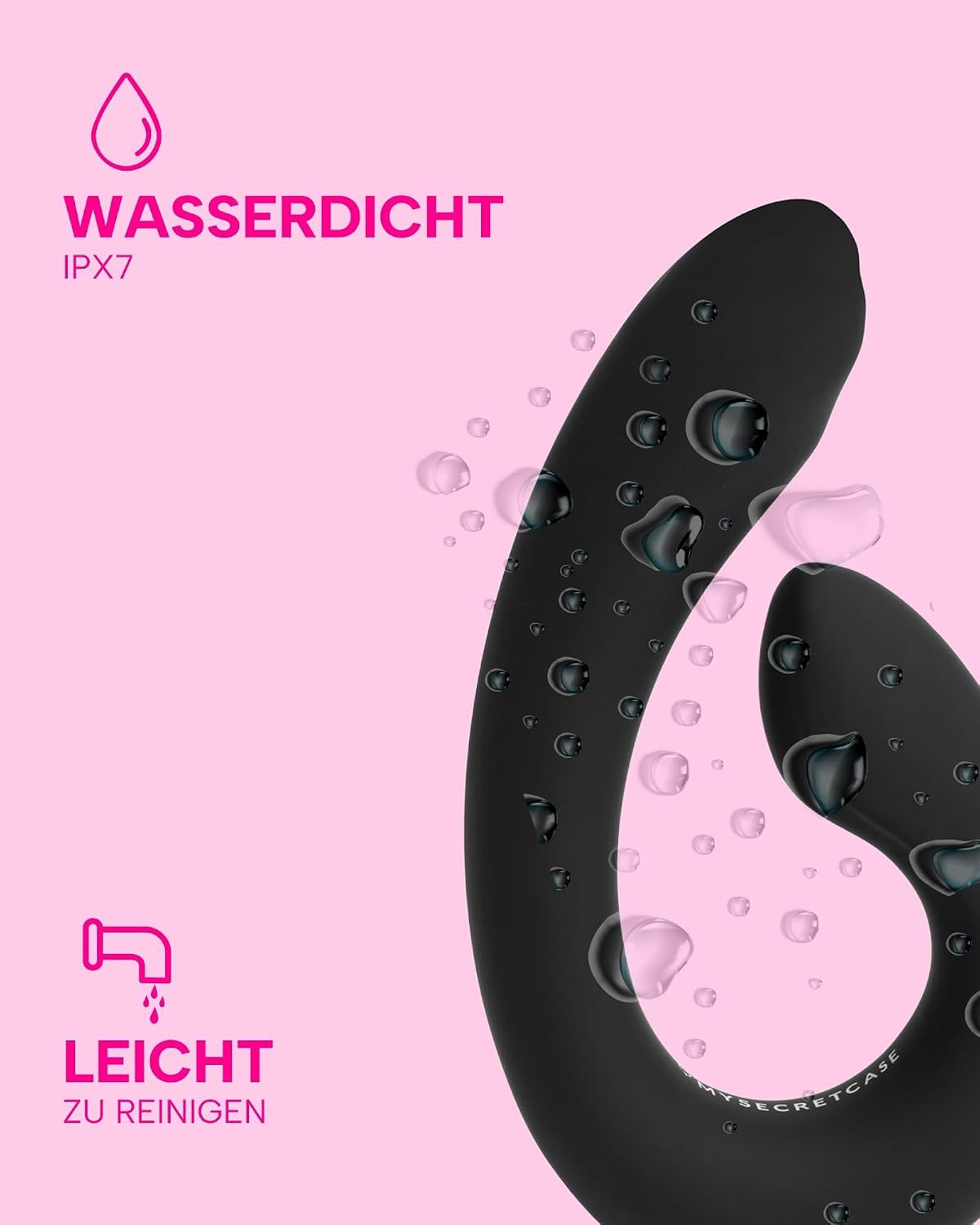 Schwarzer Vibrator mit magnetischer USB-Aufladung und Anwendungssymbolen.