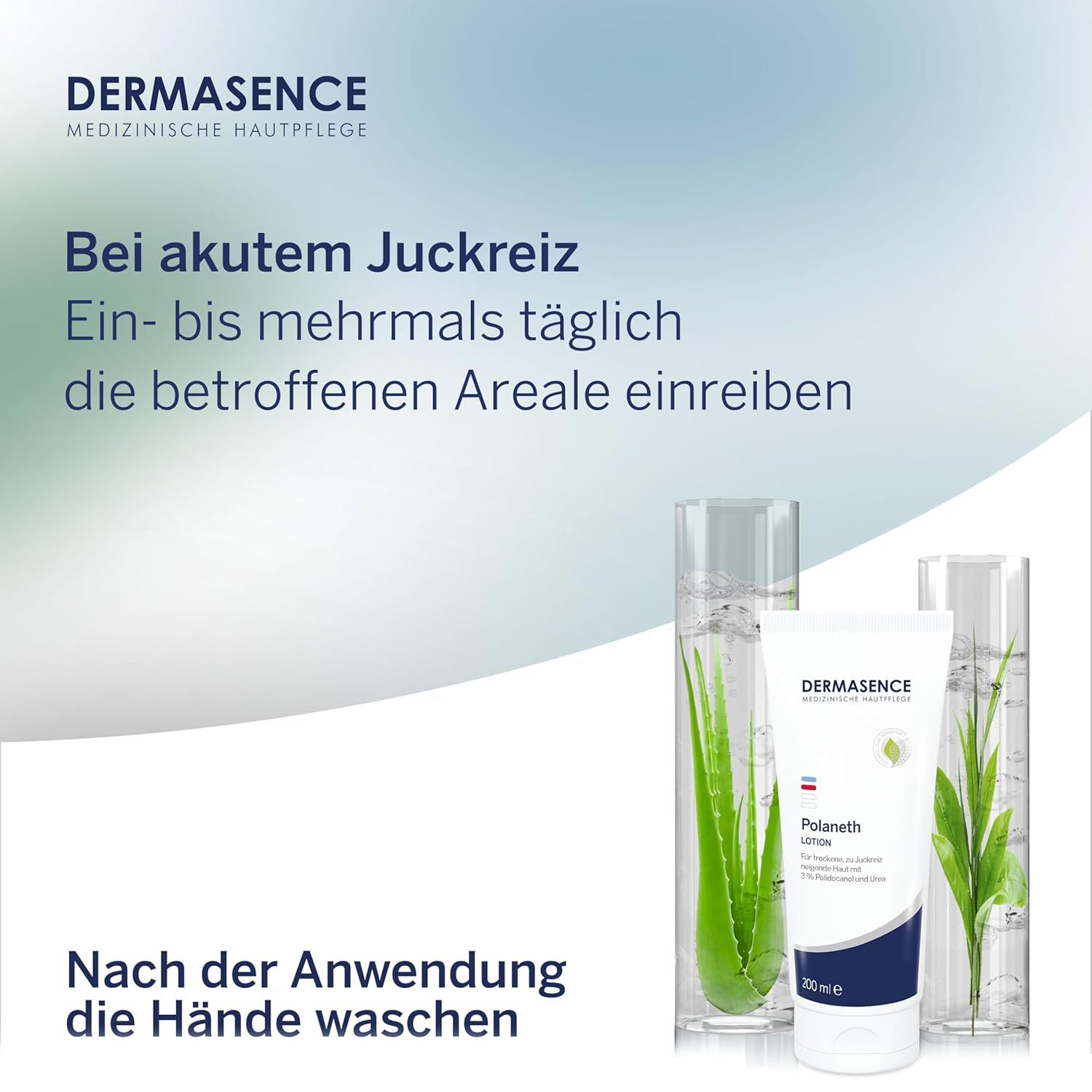 Drei Flaschen und DERMASENCE Polaneth Lotion. Text: Bei akutem Juckreiz. Logo, Text: Medizinische Hautpflege. 200 ml.