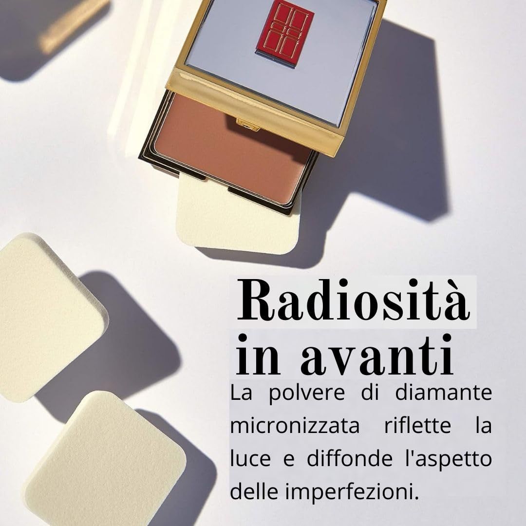 Puder-Kompaktpuder mit Schwämmen. Text: Ausstrahlung nach vorne. Mikronisiertes Diamantpuder.
