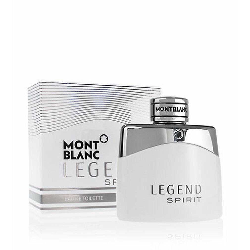 Weißer Flakon und Verpackung. Flakon mit silberner Kappe. Aufschrift: MONTBLANC LEGEND SPIRIT. Verpackung mit Logo und Produktbezeichnung.