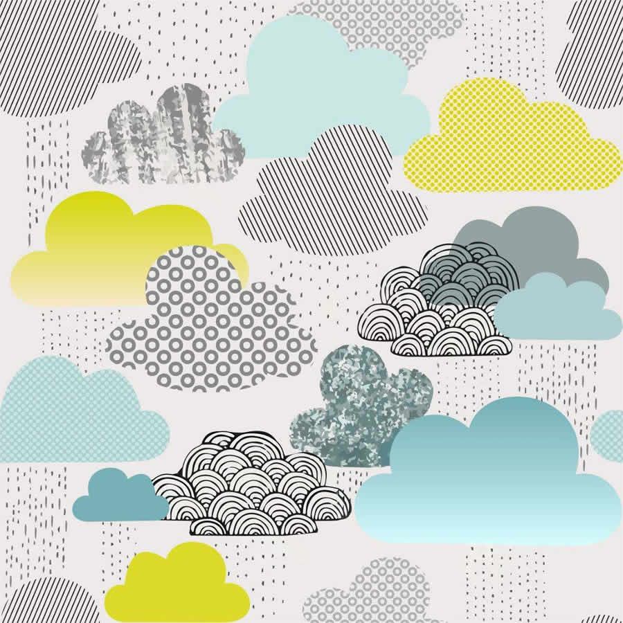 Nahtloses Muster mit Wolken in verschiedenen Formen und Farben: Gelb, Grau, Türkis. Auf hellem Hintergrund.
