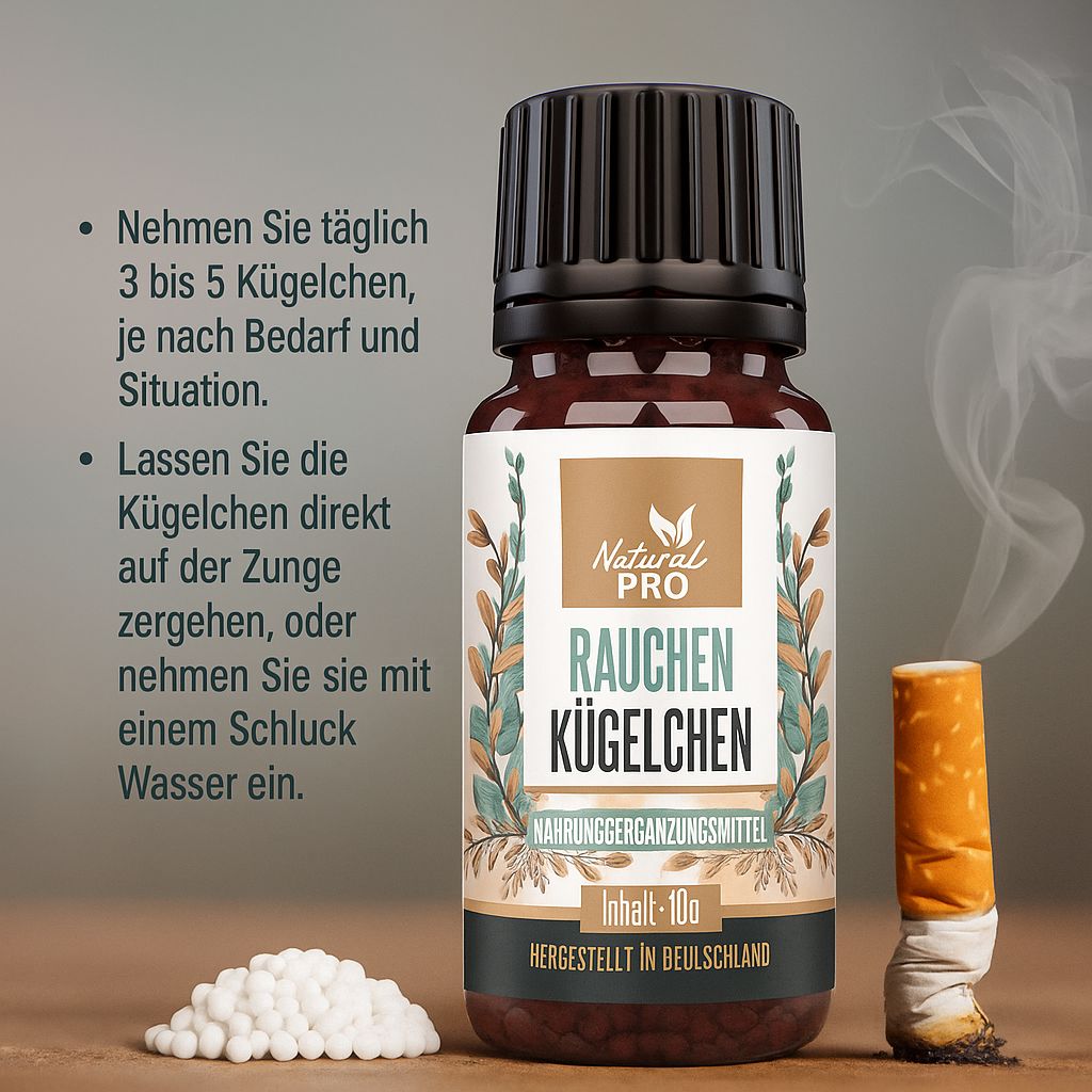Braune Glasflasche mit schwarzem Deckel. Etikett mit Produktnamen und Inhaltsangabe. Zigarettenstummel neben Kugeln.