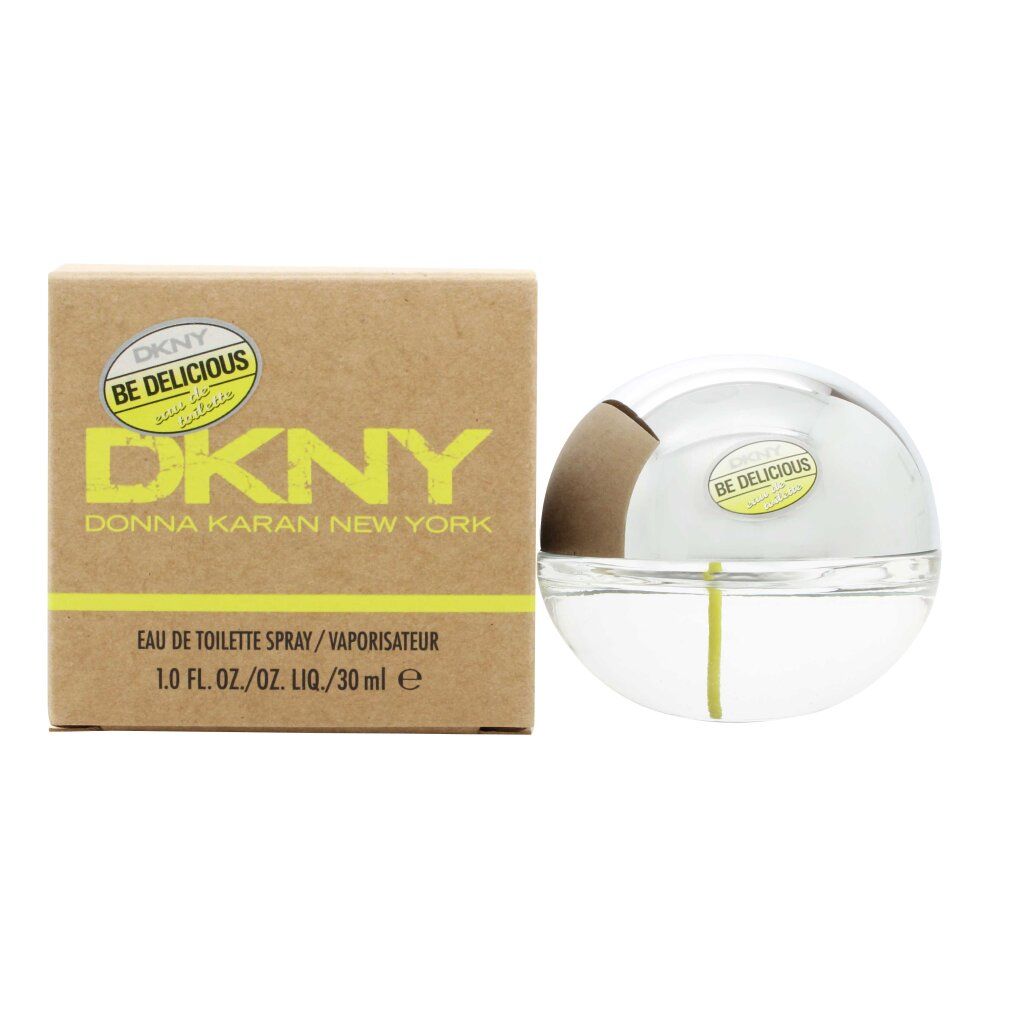 DKNY Be Delicious Eau de Toilette Spray. Runde Flasche und Karton. Gelbes Logo. Sprühflasche mit silbernem Deckel.