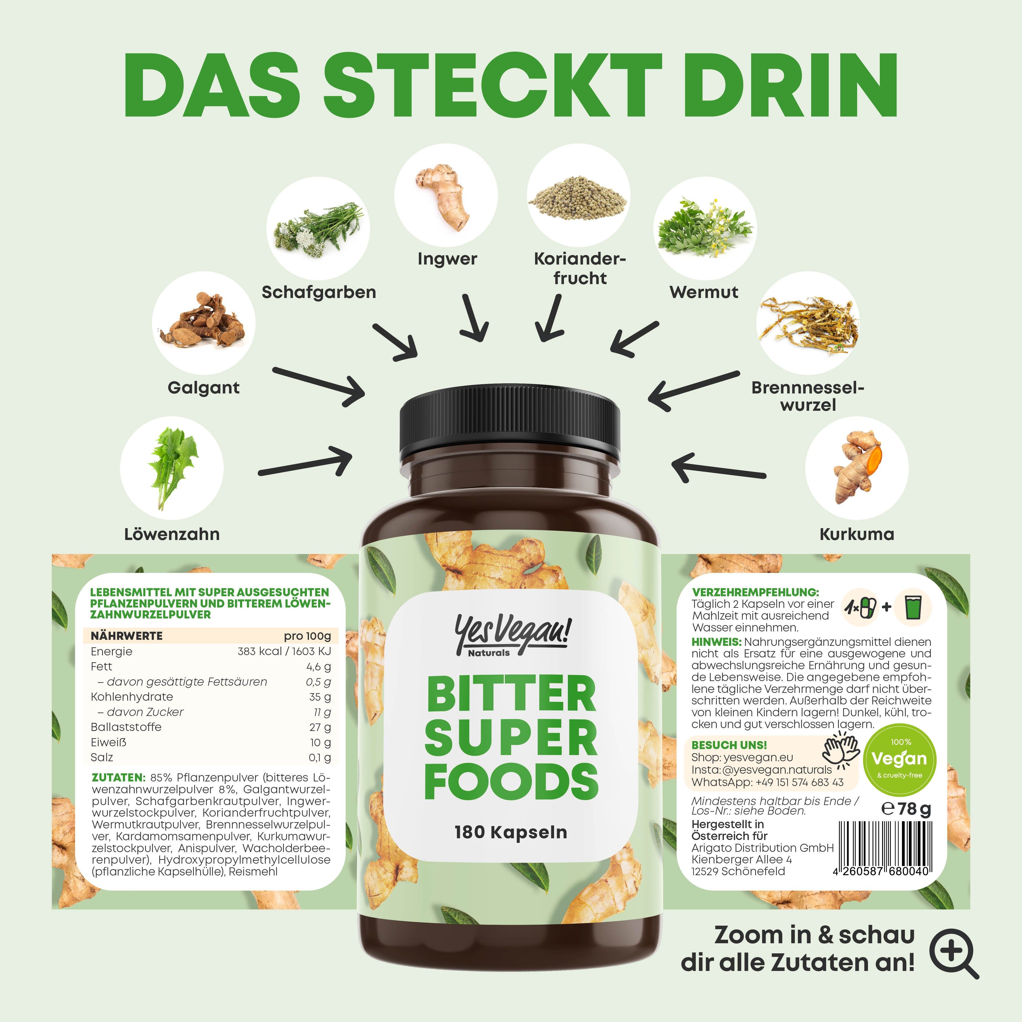 Flasche mit Yes Vegan Bitter Super Foods Kapseln, 180 Stück. Enthält Ingwer, Kurkuma und andere Zutaten.