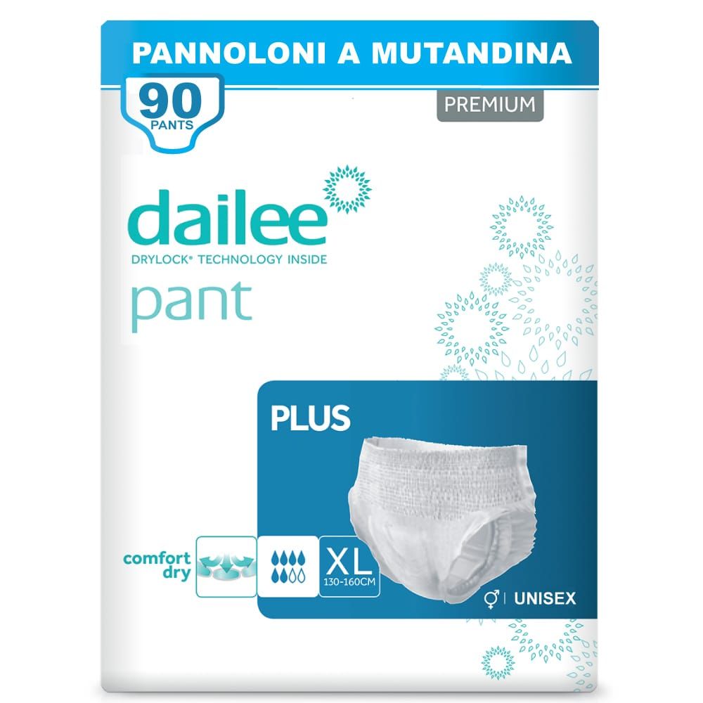 Verpackung Dailee Pants Plus. XL-Größe, 90 Stück. Unisex. Komfort und Trockenheit.