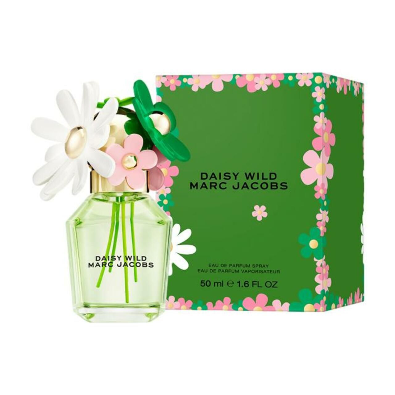 Parfümflakon und Verpackung. Flakon: Daisy Wild Marc Jacobs. Verpackung: grün mit Blumenmuster.