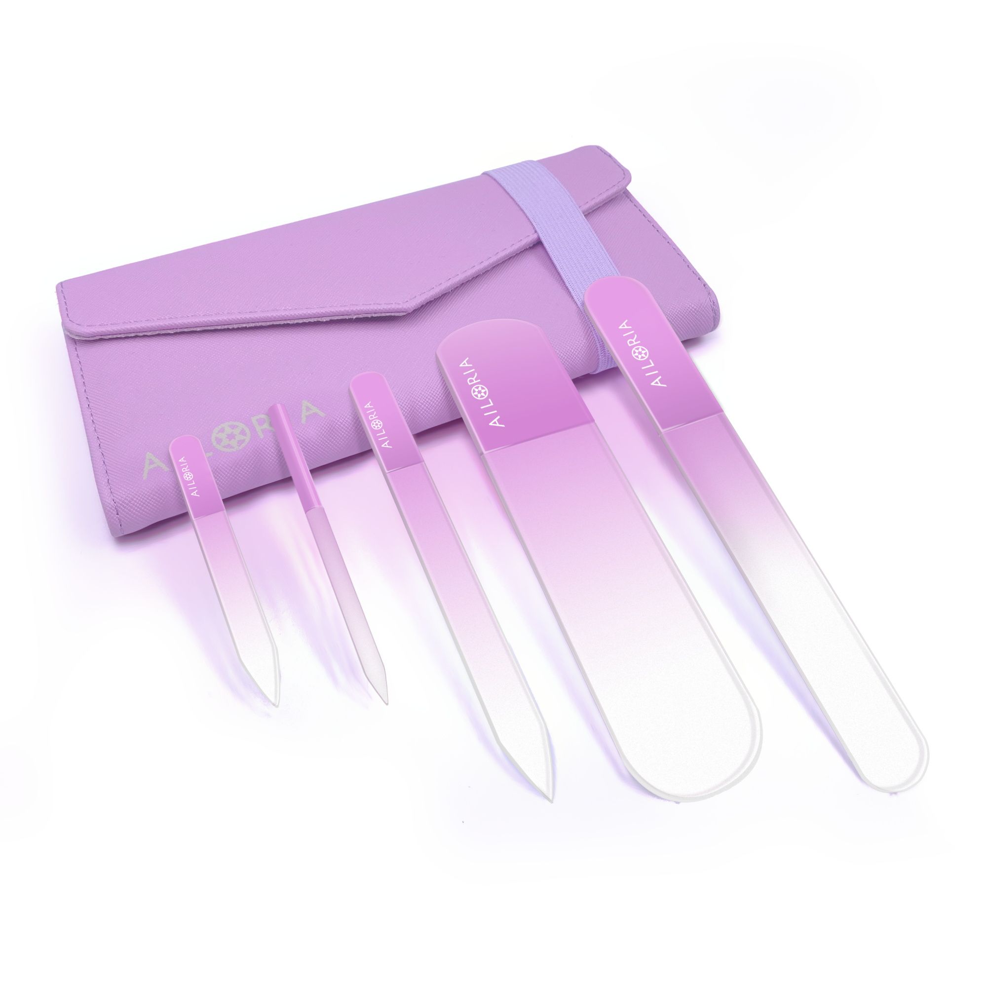 Nagelfeilen-Set mit Etui. Verschiedene Feilenformen und Größen. Farbverlauf von transparent zu rosa. Marke AILORIA.