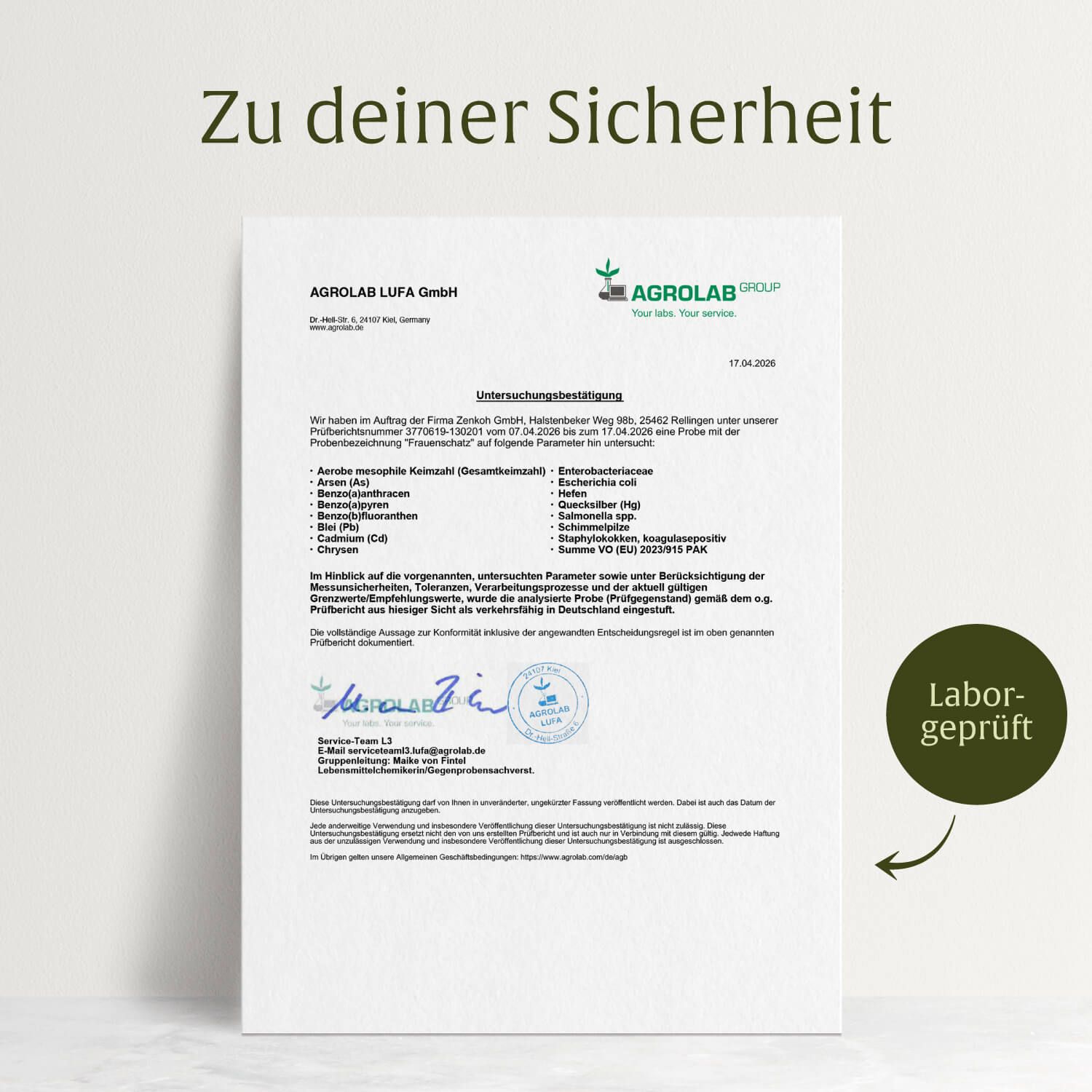 Laborbericht mit Logo AGROLAB LUFA. Text: Untersuchungsergebnis. Siegel: Labor-geprüft.