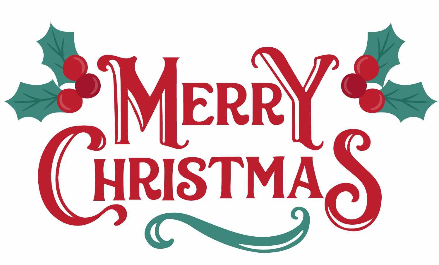 Roter Schriftzug 'Merry Christmas' mit grünen Blättern und roten Beeren als Dekoration.