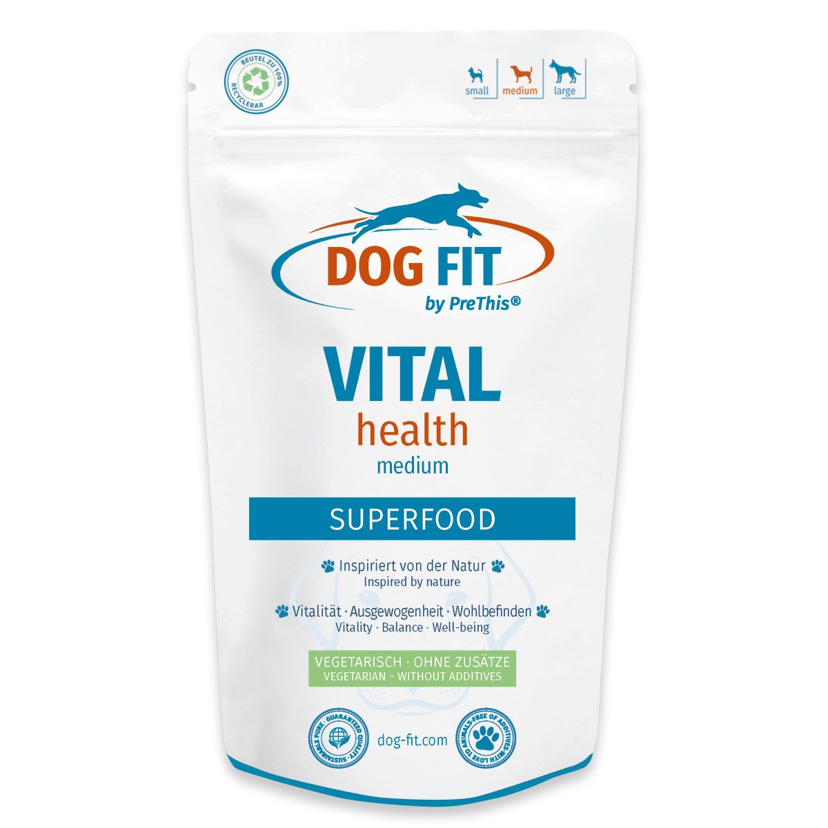 DOG FIT by PreThis® VITAL health medium Produktverpackung. Text: Superfood, inspiriert von der Natur, vegetarisch, ohne Zusätze.