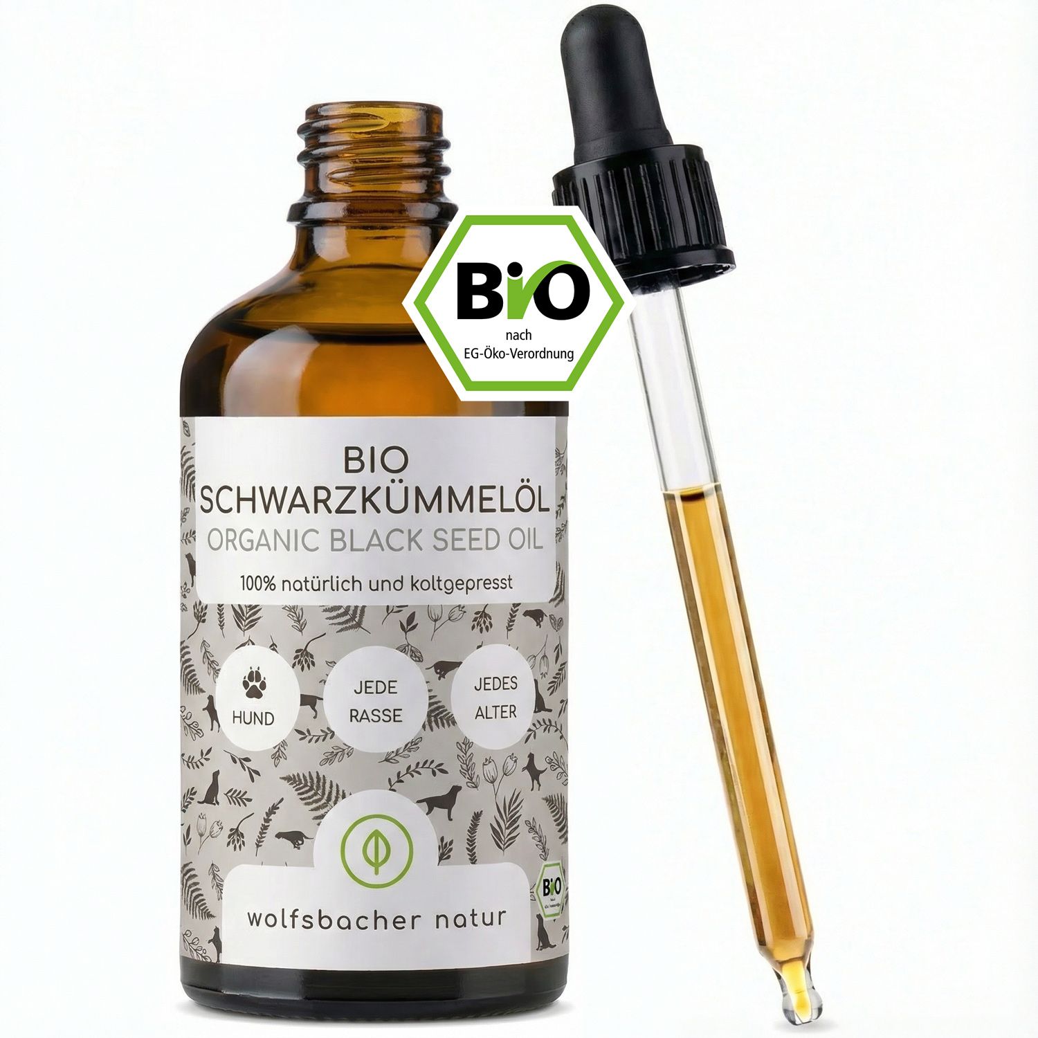 Braune Glasflasche mit Pipette, gefüllt mit Öl. Aufschrift: BIO Schwarzkümmelöl. Bio-Siegel. Für Hunde, jede Rasse, jedes Alter.