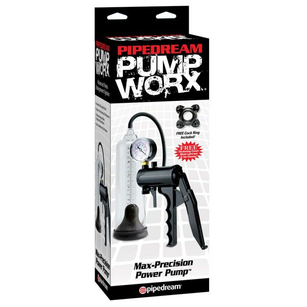 Verpackung mit Produkt. Schwarze Box mit Produktabbildung. Text: Pipedream Pump Worx, Max-Precision Power Pump. Zubehör.