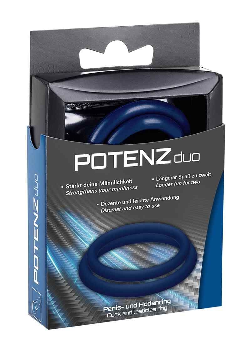 Blaues POTENZduo in Verpackung. Zwei Ringe, Produktname und Text auf der Verpackung.