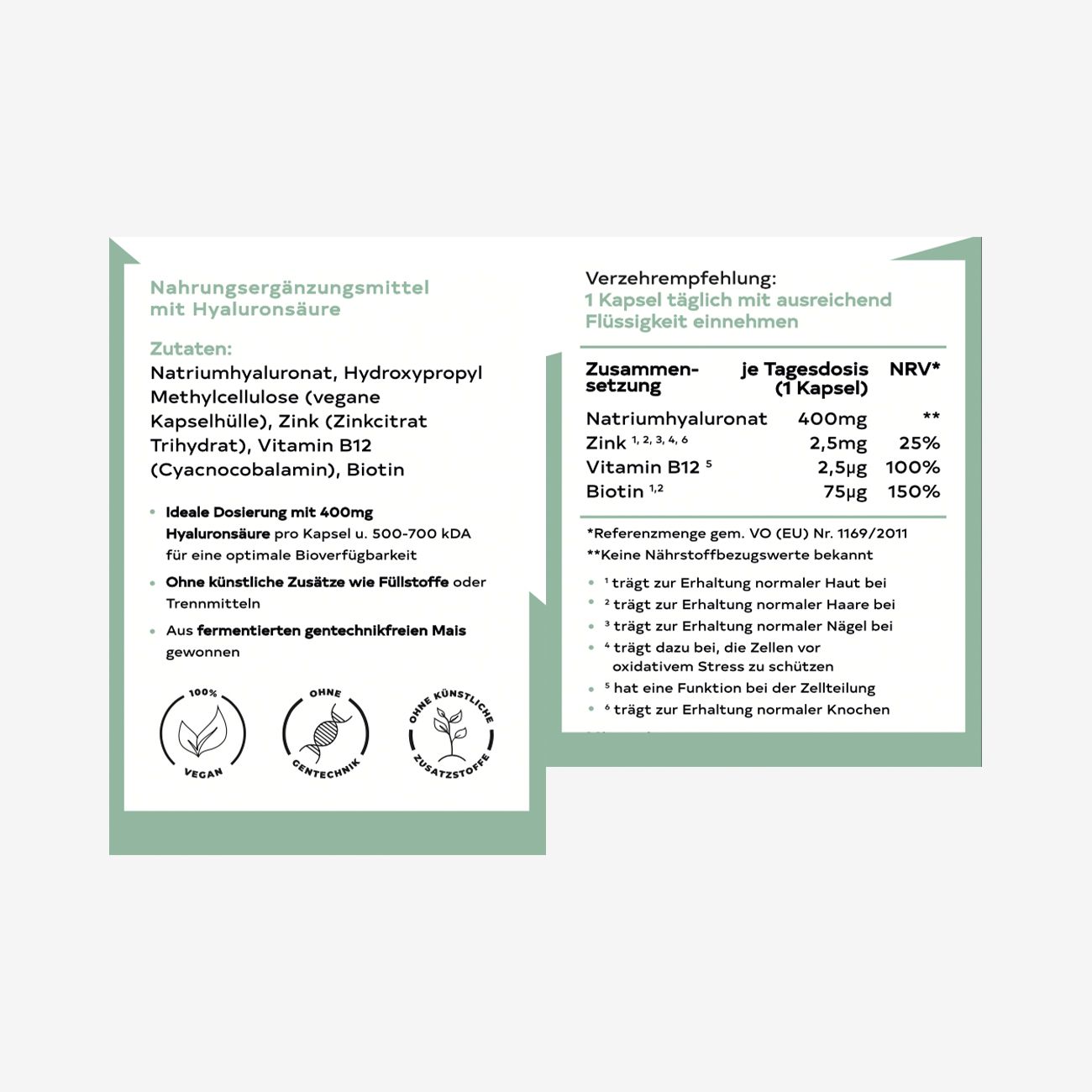 Produktinformationen auf weißem Hintergrund. Zutaten, Nährwertangaben und Verzehrempfehlung. Vegan-Siegel.