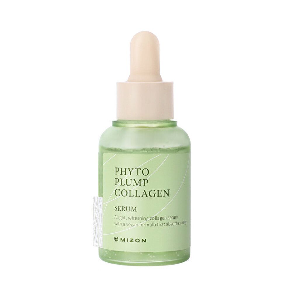 Grüne Glasflasche mit Serum, hellem Deckel und Pipette. Aufschrift: Phyto Plump Collagen Serum. Marke: MIZON.