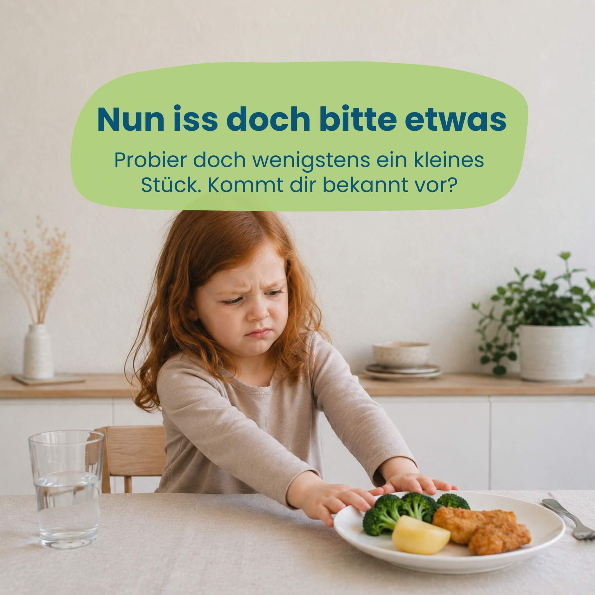 Kind lehnt Teller mit Essen ab, mit Textblase „Nun iss doch bitte etwas“.