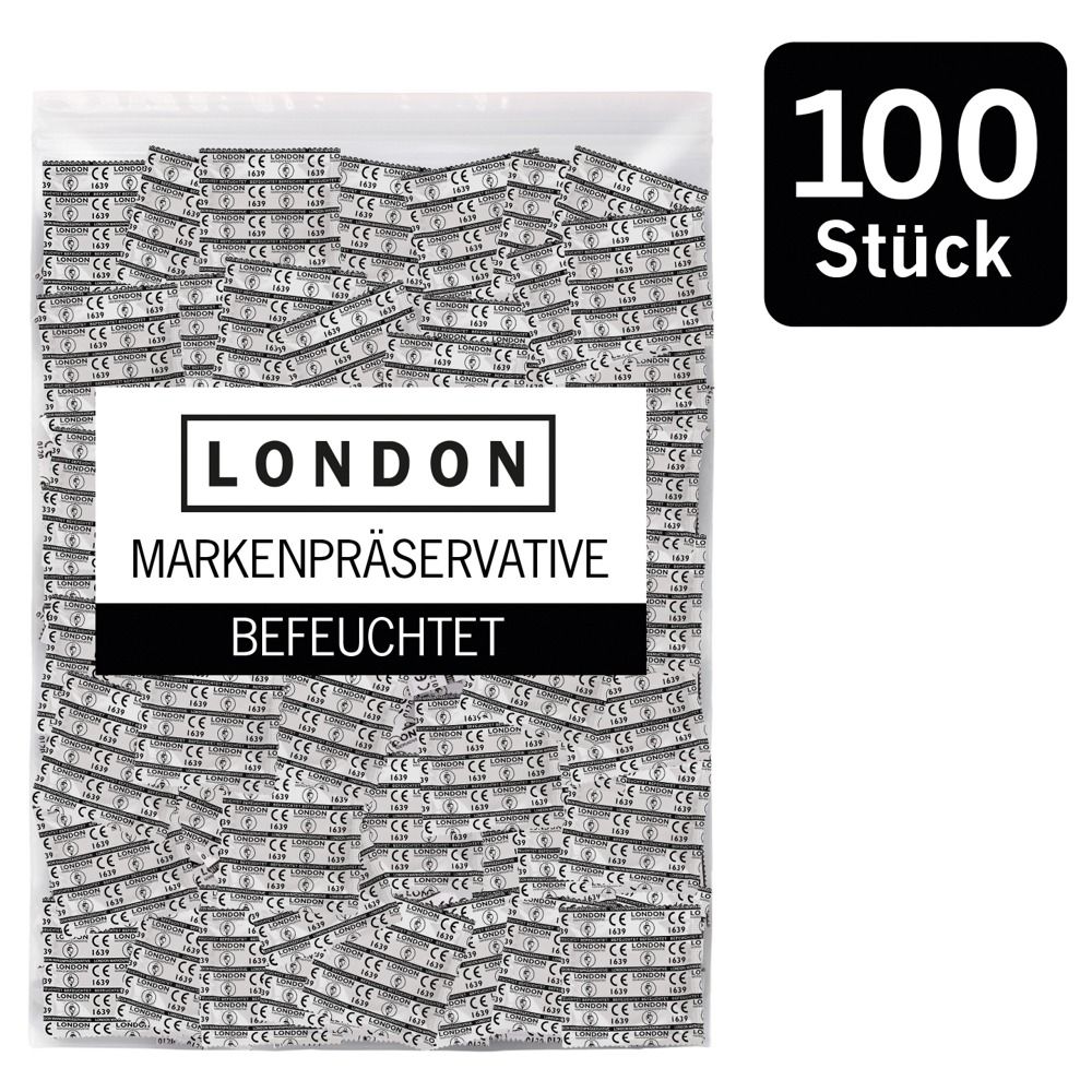 Beutel mit Kondomen. Aufschrift: LONDON, MARKENPRÄSERVATIVE, BEFEUCHTET. Schwarzes Feld mit "100 Stück".
