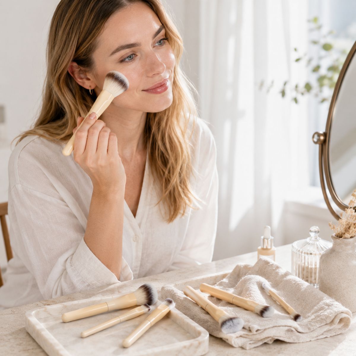 Frau trägt Make-up auf. Mehrere Make-up-Pinsel liegen auf einem Handtuch.