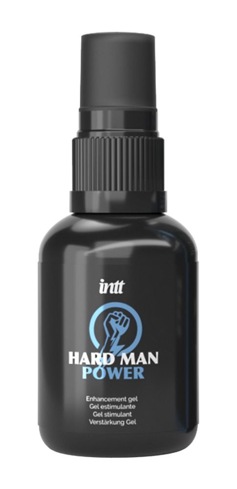 Schwarze Sprühflasche mit 'Hard Man Power' Aufschrift, isoliert.