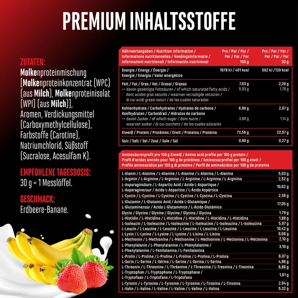 Nährwertinformationen und Aminosäureprofil für GEN Whey Protein Komplex. Zutatenliste und empfohlene Tagesdosis. Mit Bananen und Erdbeeren.