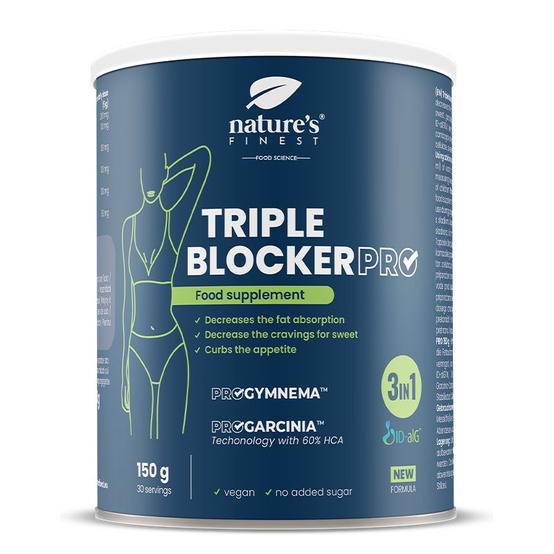 Dose Nature's Finest Triple Blocker PRO. Blaue Dose mit Produktnamen und Abbildung einer Frau. 150g, 30 Portionen.