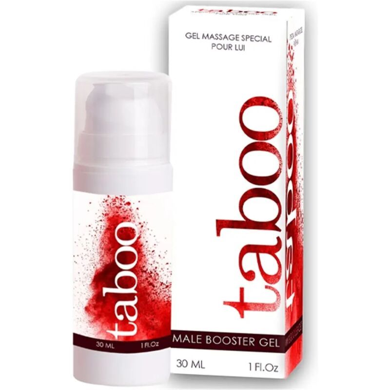 Weiße Flasche und Verpackung. Roter Aufdruck "taboo". Text: "GEL MASSAGE SPECIAL POUR LUI" und "MALE BOOSTER GEL".